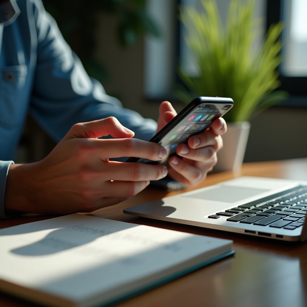 Antreprenor comparând aplicații de productivitate pe telefon și laptop