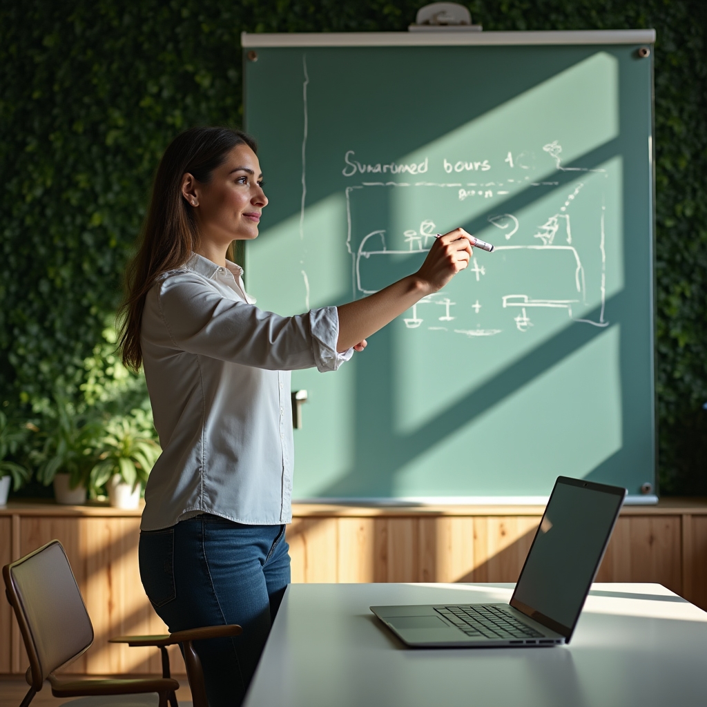 Plan de organizare digitală schițat pe o tablă, lângă un laptop deschis